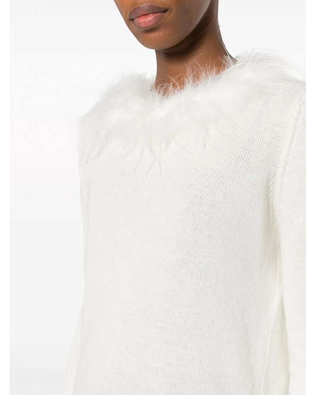 Twinset White Faux Fur-Trim Knitted Top