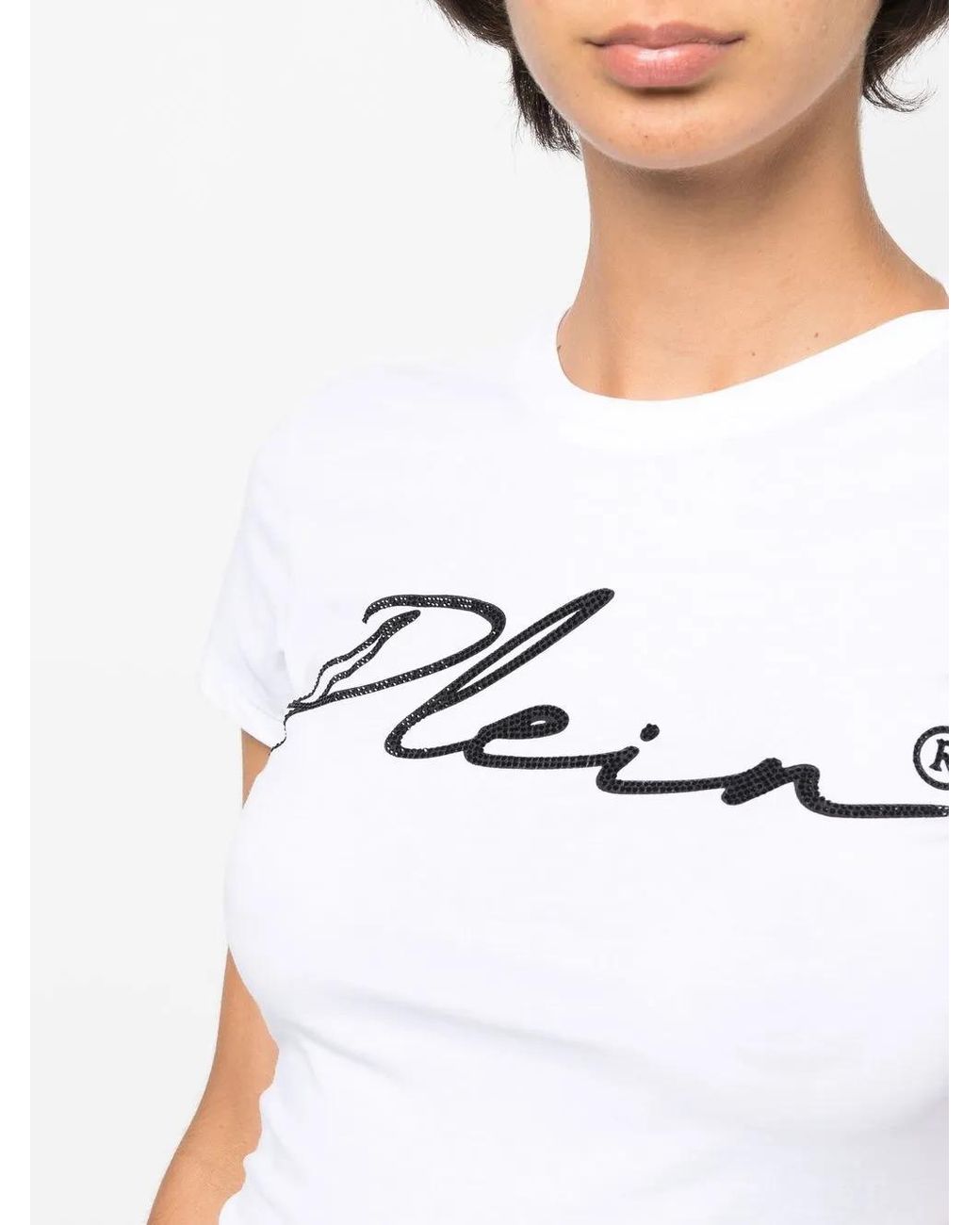 Philipp Plein White Script Logo Crystal-Embellished T-Shirt