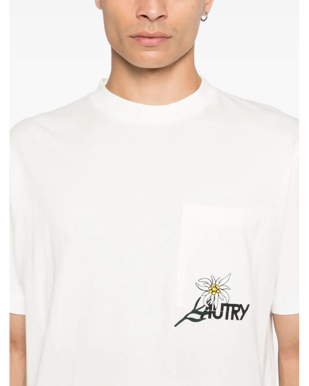 Autry White Flower-Embroidered Pocket T-Shirt