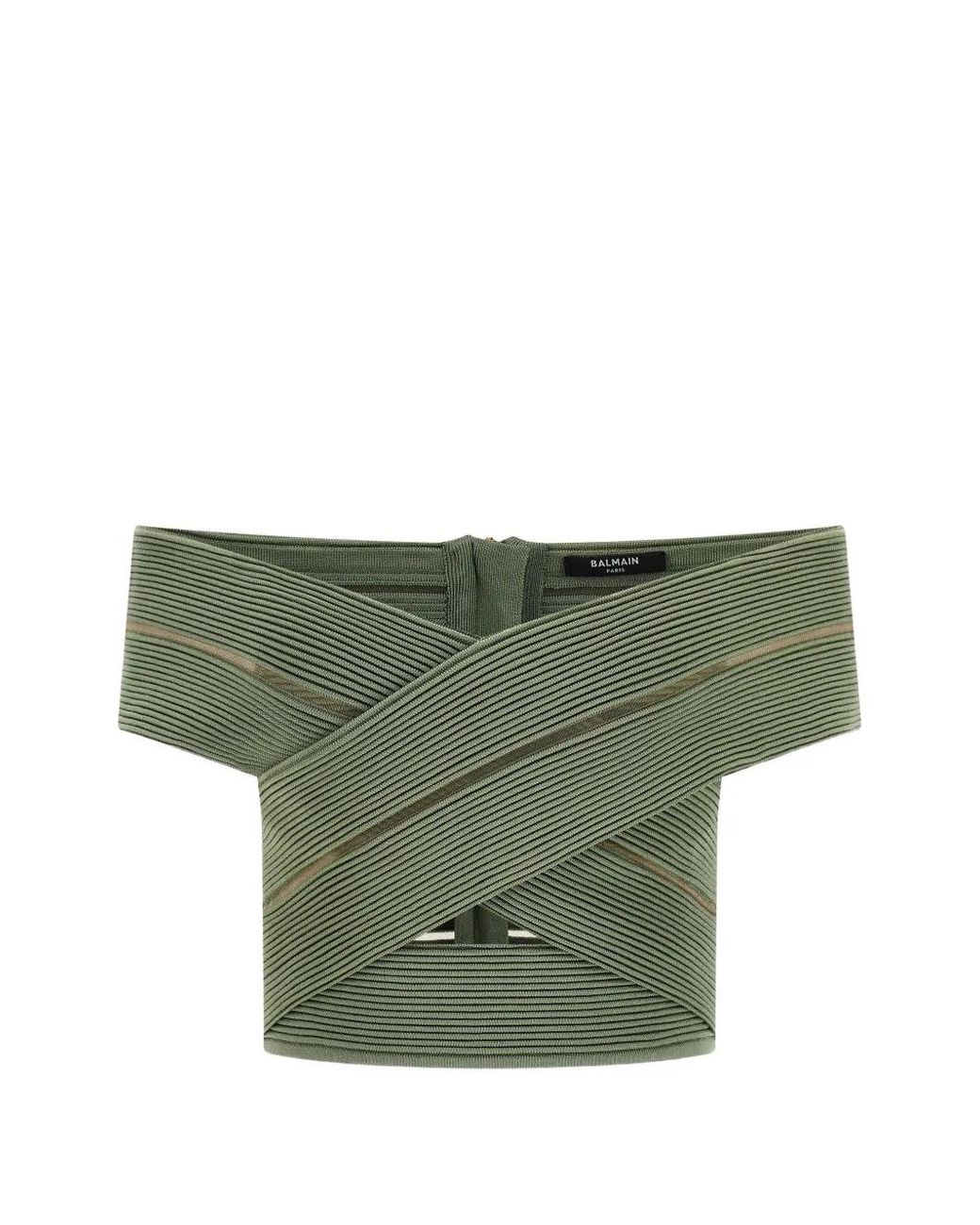 Balmain Green Off-The-Shoulder Zip-Fastening Top