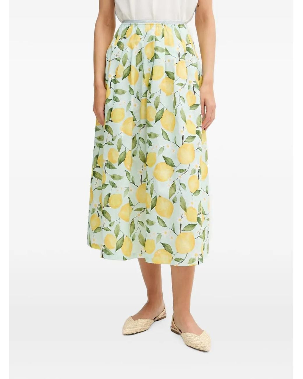 Ouí Yellow Lemon-Print Pleated Midi Skirt