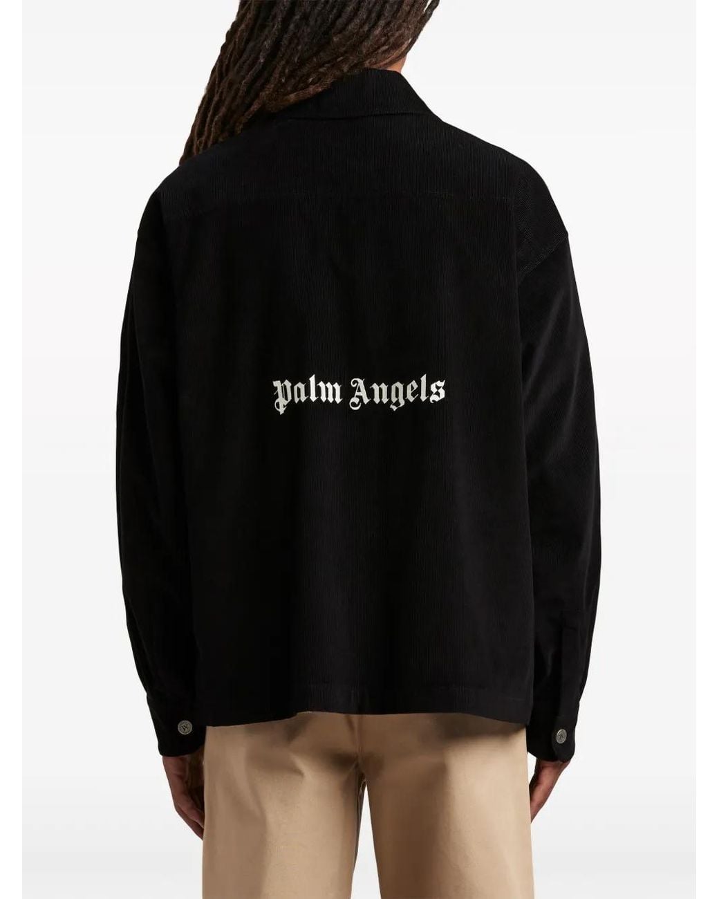 Palm Angels Black Logo-Print Velvet Overshirt for men