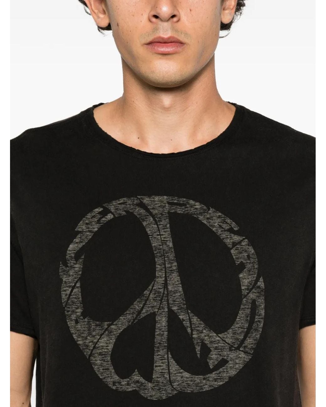 John Varvatos Black Peace-Sign-Print Raw-Edge T-Shirt for men