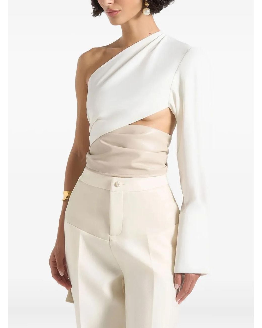 Manière De Voir White Coralie One Sleeve Leather Wrap Top