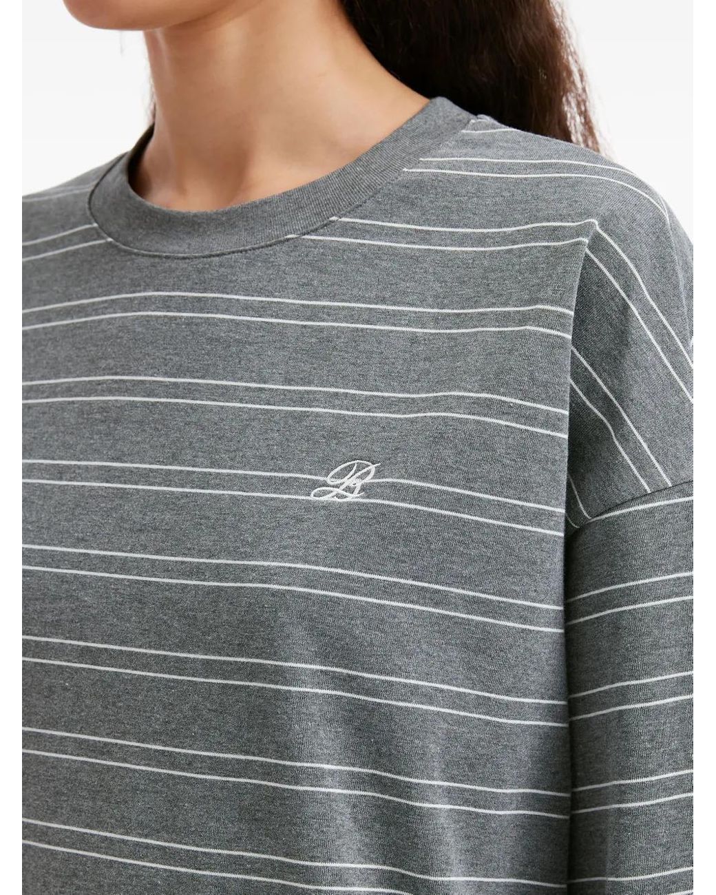 B+ AB Gray Striped Embroidered T-Shirt