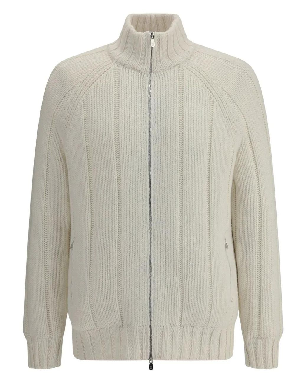 Brunello Cucinelli White Ribbed Zip-Front Cashmere Cardigan for men