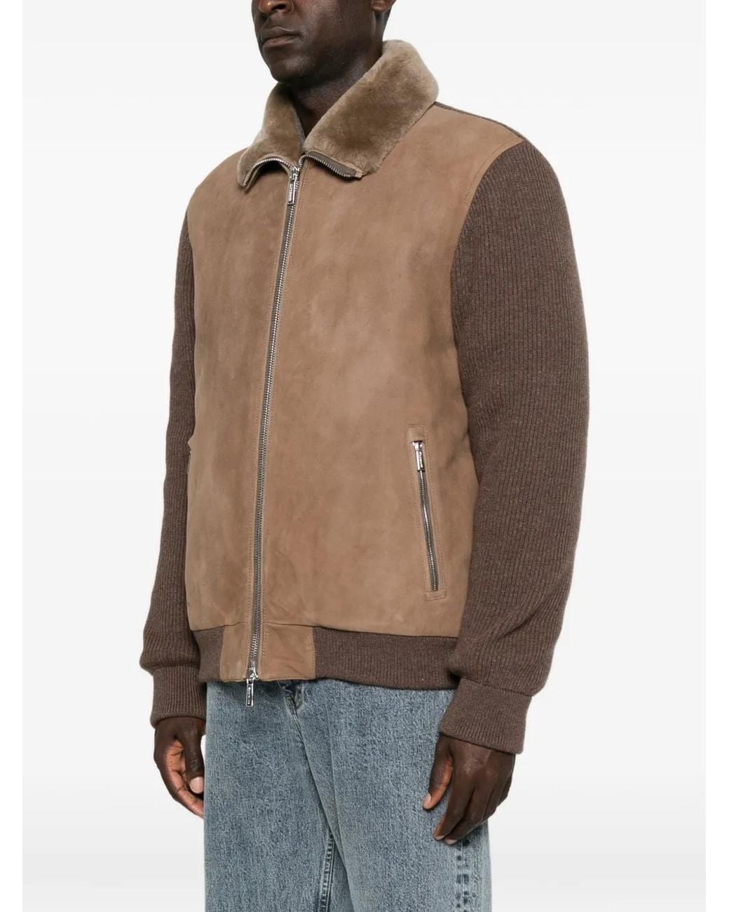 Moorer Brown Shearling-Collar Panelled Jacket for men