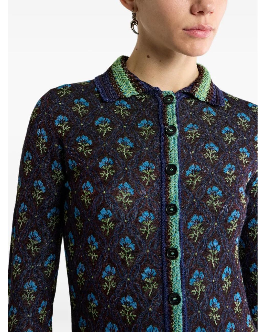 Etro Blue Jacquard Midi Shirt Dress With Diamond Flower Motif