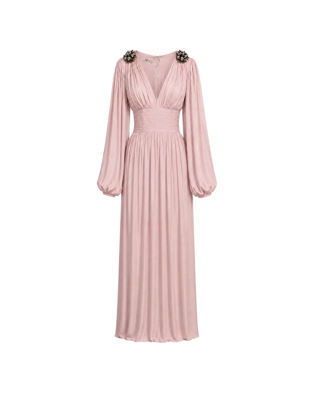 Baruni Pink Layan Floral-Embellished Ruched Maxi Dress