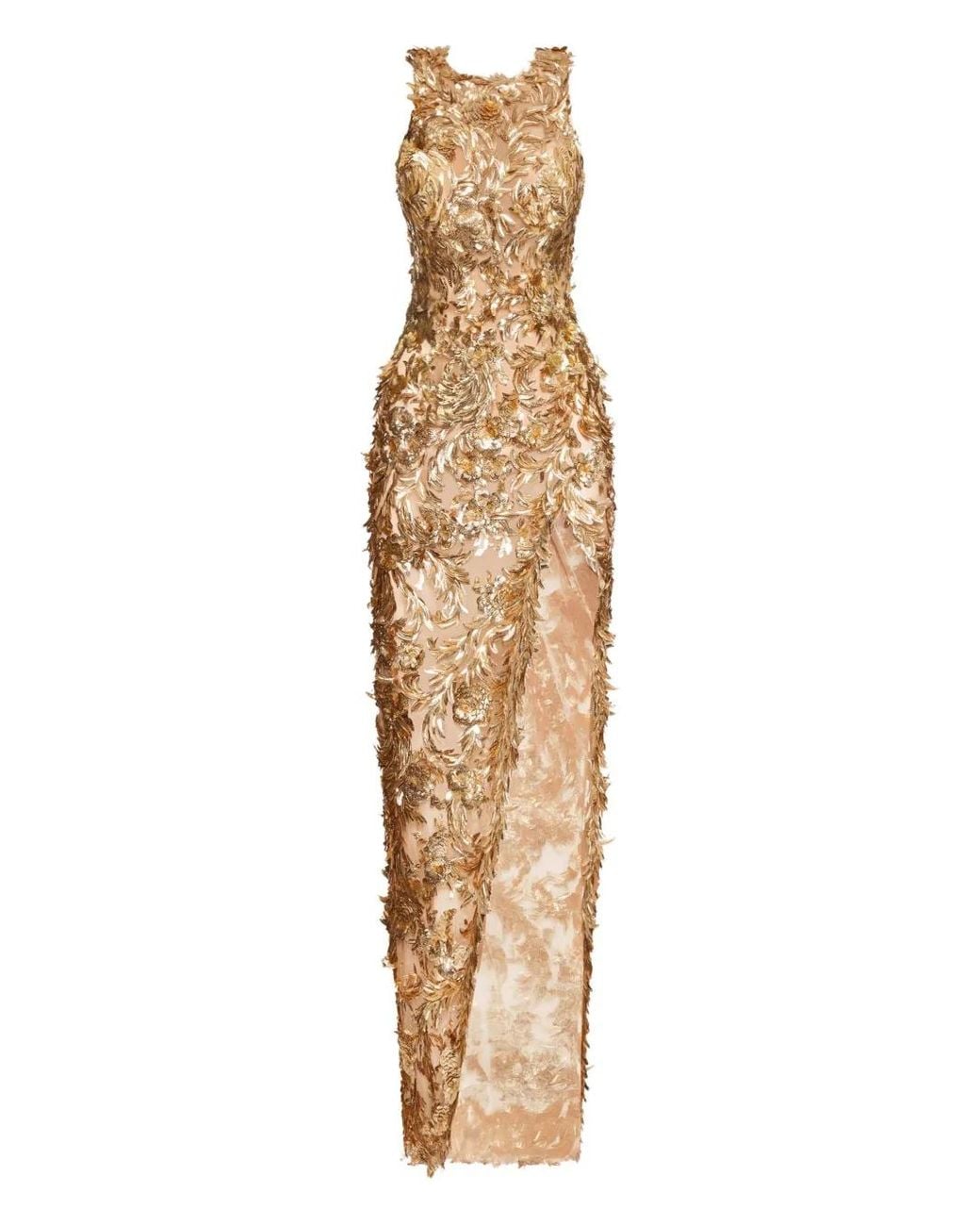 Oscar de la Renta Metallic Feather-Embellished Maxi Dress