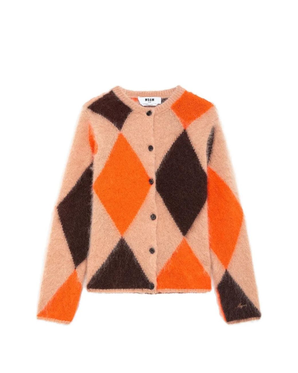 MSGM Orange Argyle-Pattern Button-Up Cardigan