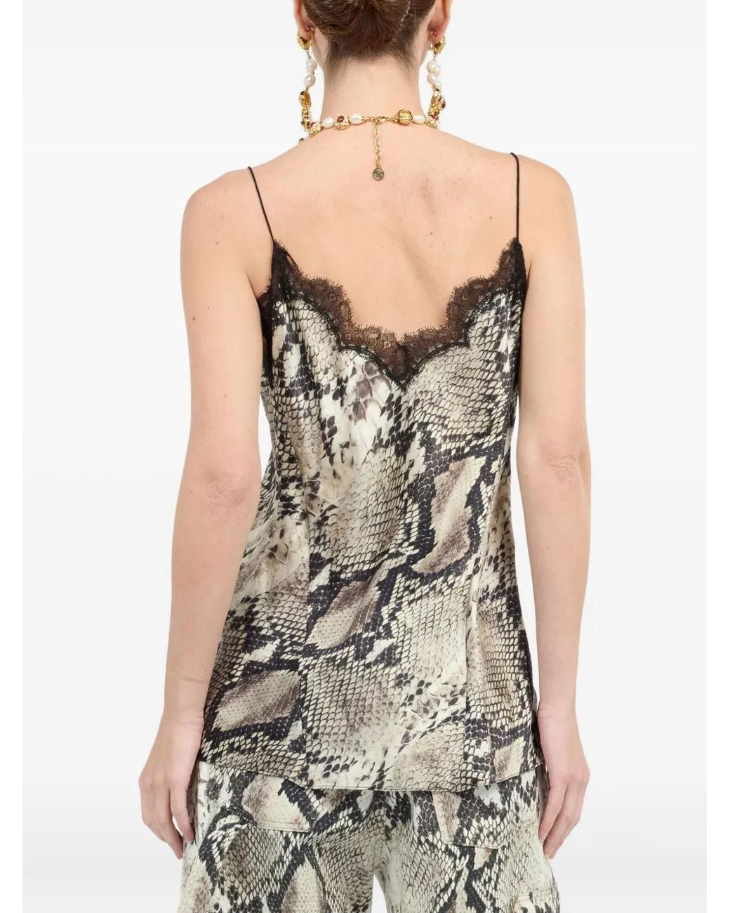 Roberto Cavalli Gray Snake-Print Lace-Trimmed Top