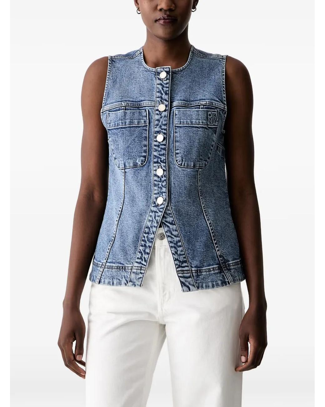DKNY Blue Buckled Denim Button-Down Top