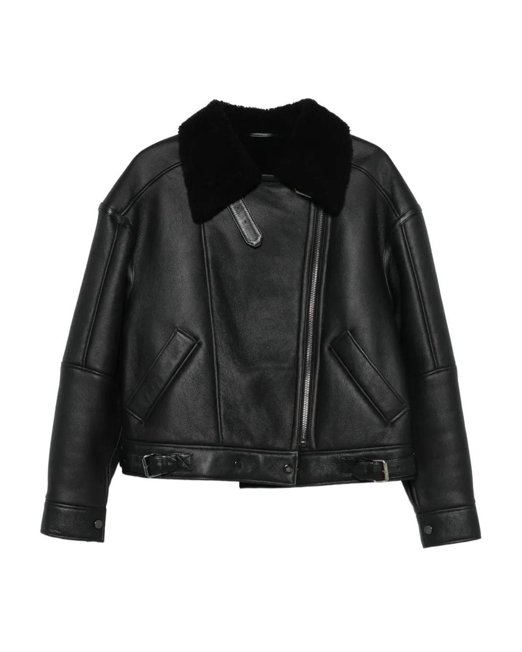 Manokhi Black Shearling-Collared Leather Jacket