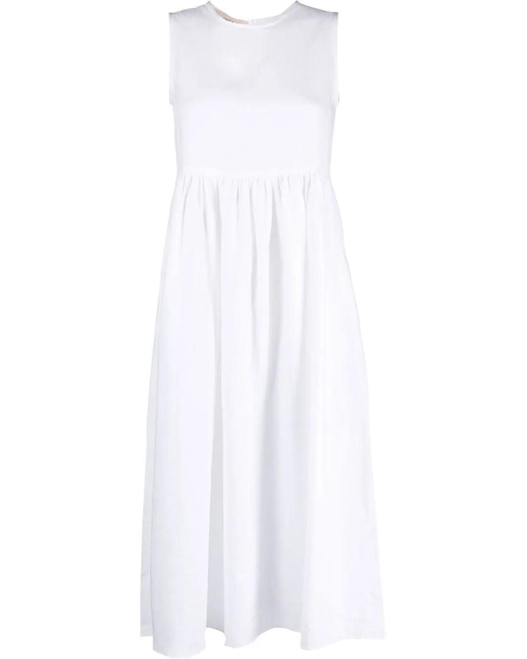 Blanca Vita White Pleated Sleeveless Linen Midi Dress