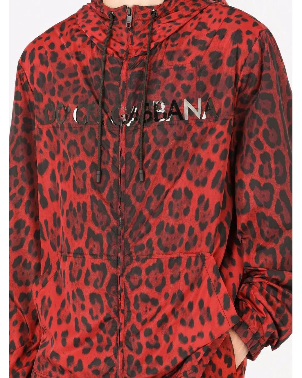 Dolce & Gabbana Red Leopard-Print Hooded Jacket for men