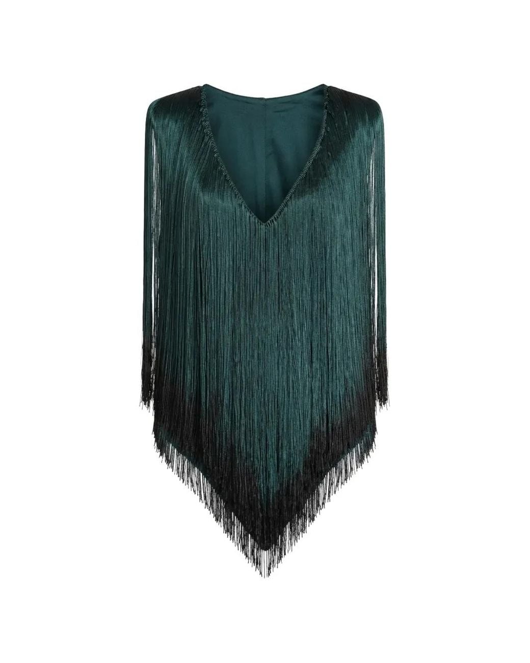 Gemy Maalouf Green Fringe-Trim V-Neck Top