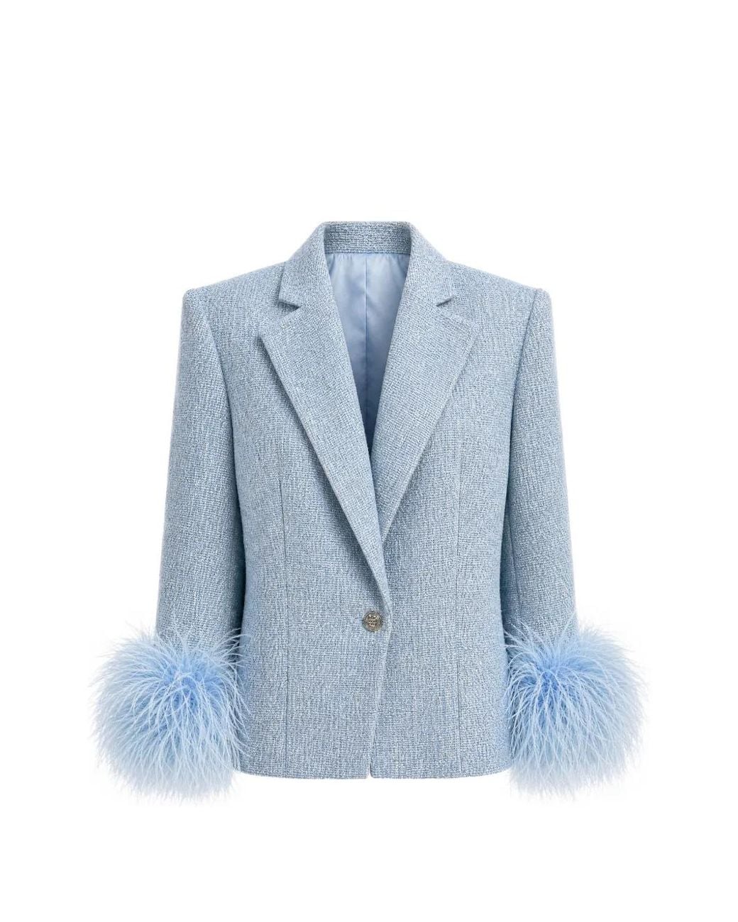 Bronx and Banco Blue Feather-Trim Tweed Jacket
