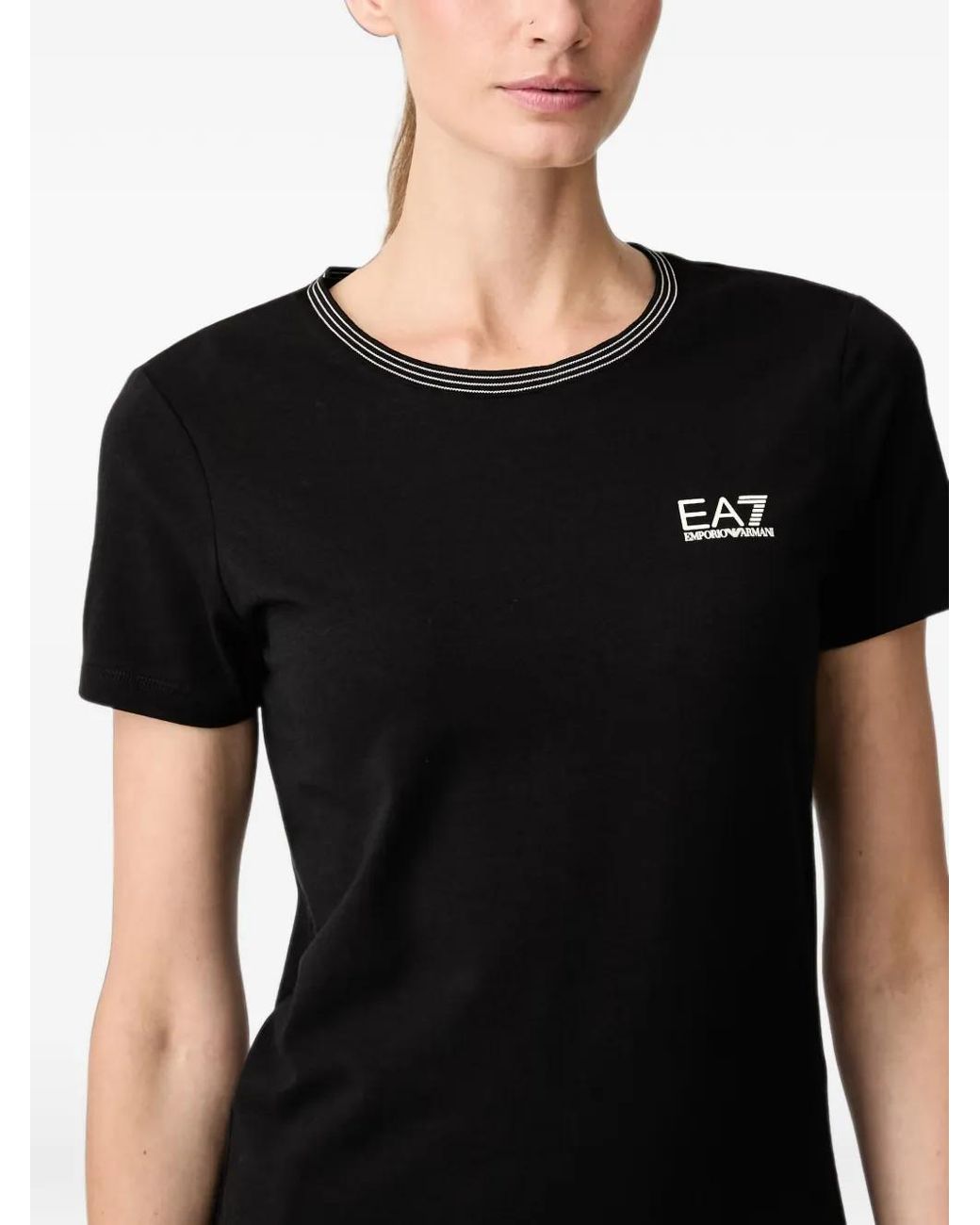 EA7 Black Logo-Print Striped-Trim T-Shirt