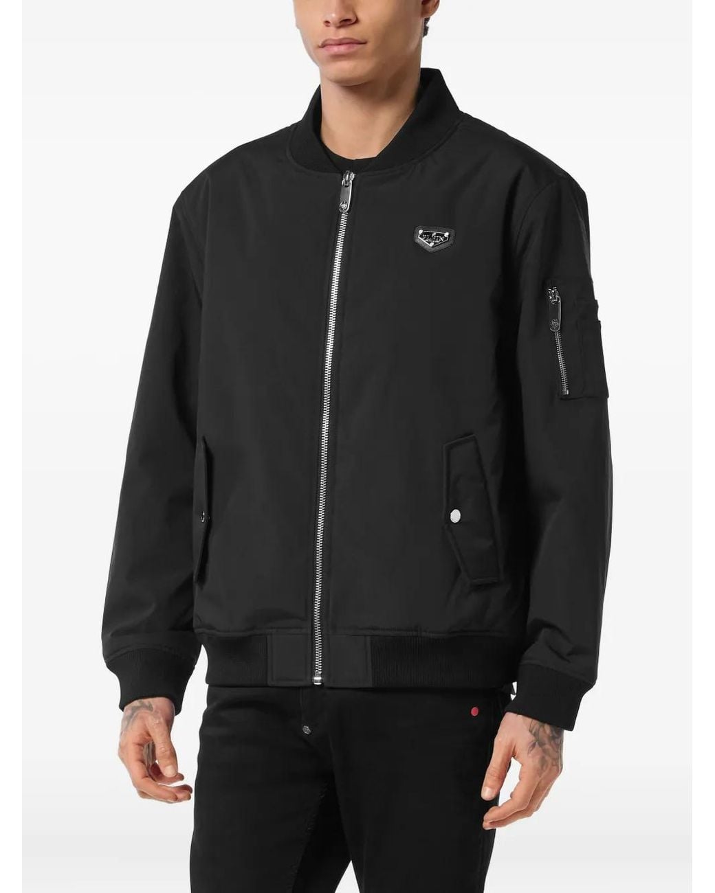Philipp Plein Black Logo-Plaque Bomber Jacket for men
