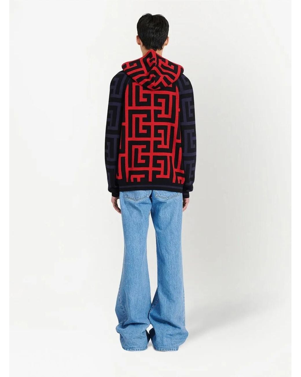 Balmain Red Monogram-Print Drawstring Hoodie for men