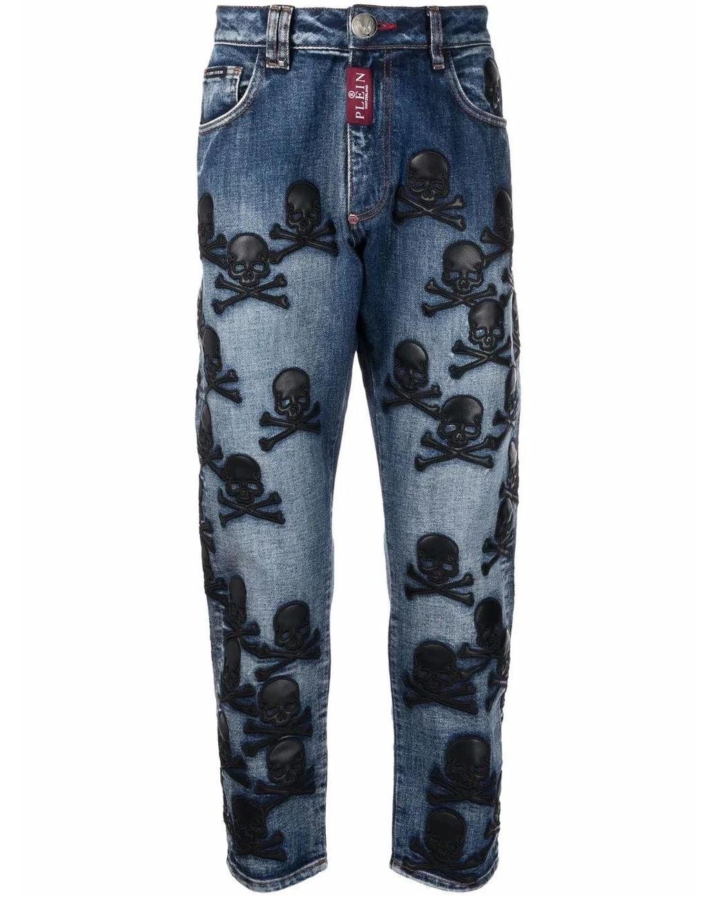 Philipp Plein Blue Skull-Patch Tapered Jeans for men