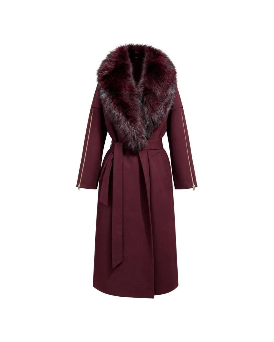 Poche Paris Purple Manteau Ceinturé À Finitions En Fourrure Artificielle