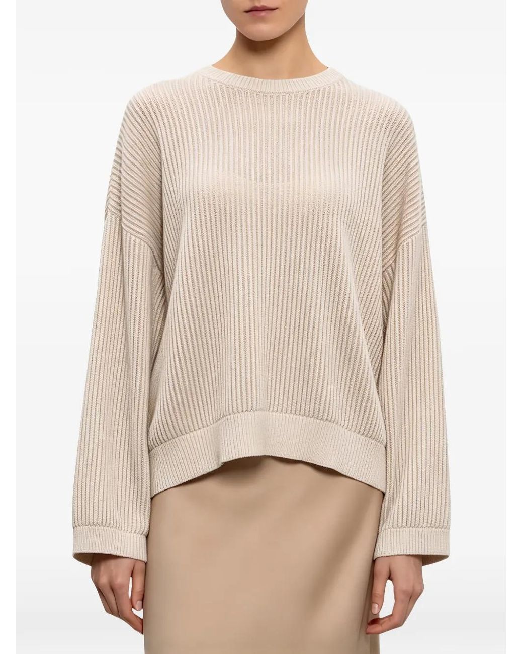 Brunello Cucinelli Natural Ribbed-Knit Dropped-Shoulder Sweater