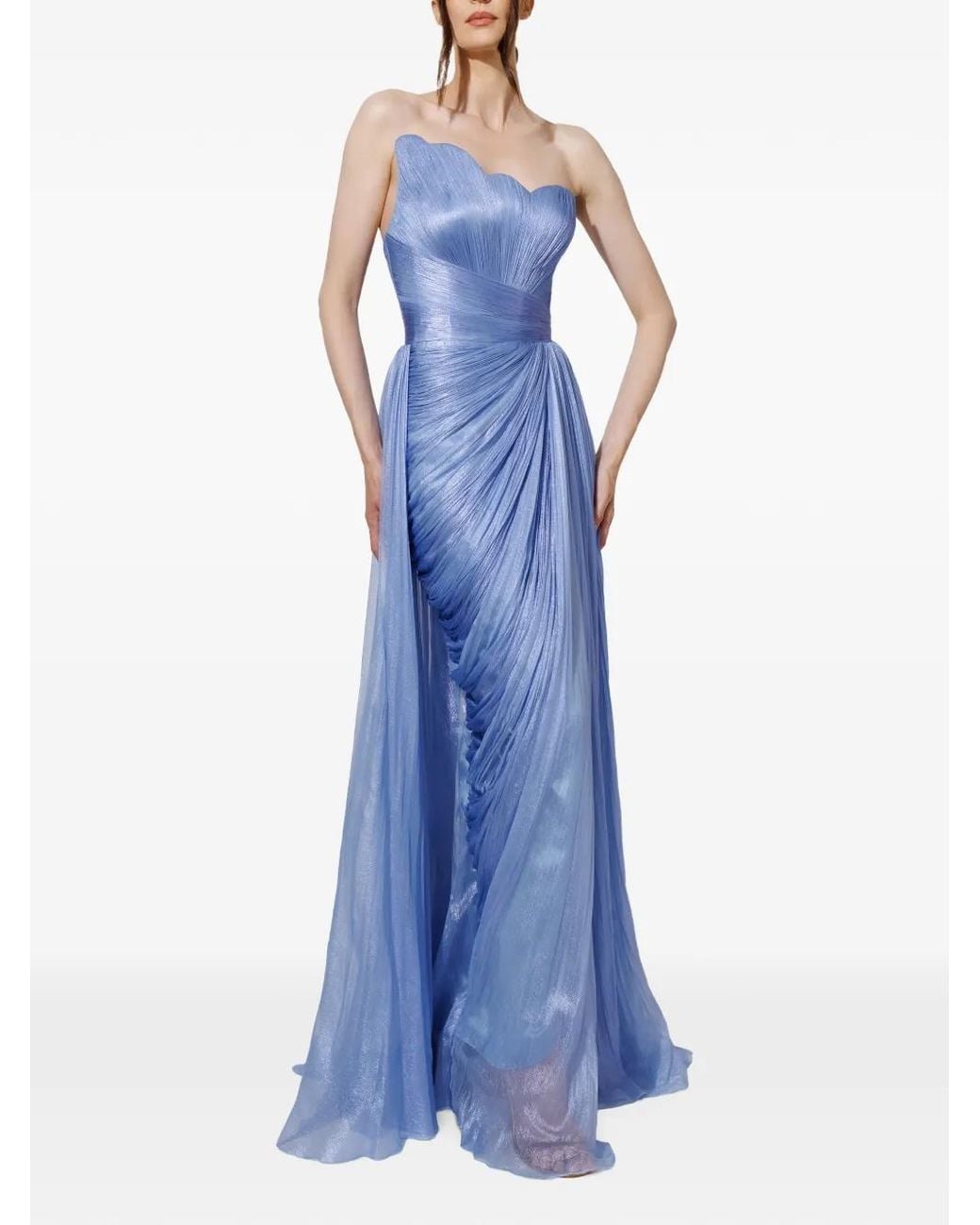 IRIS SERBAN Blue Valery Asymmetric Pleated Gown