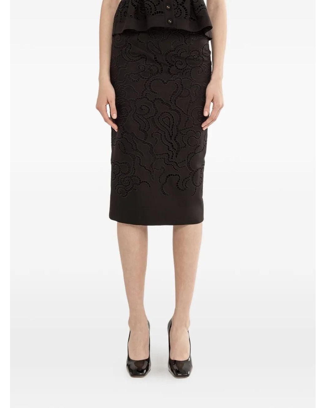 Nissa Black Embroidered Midi Skirt