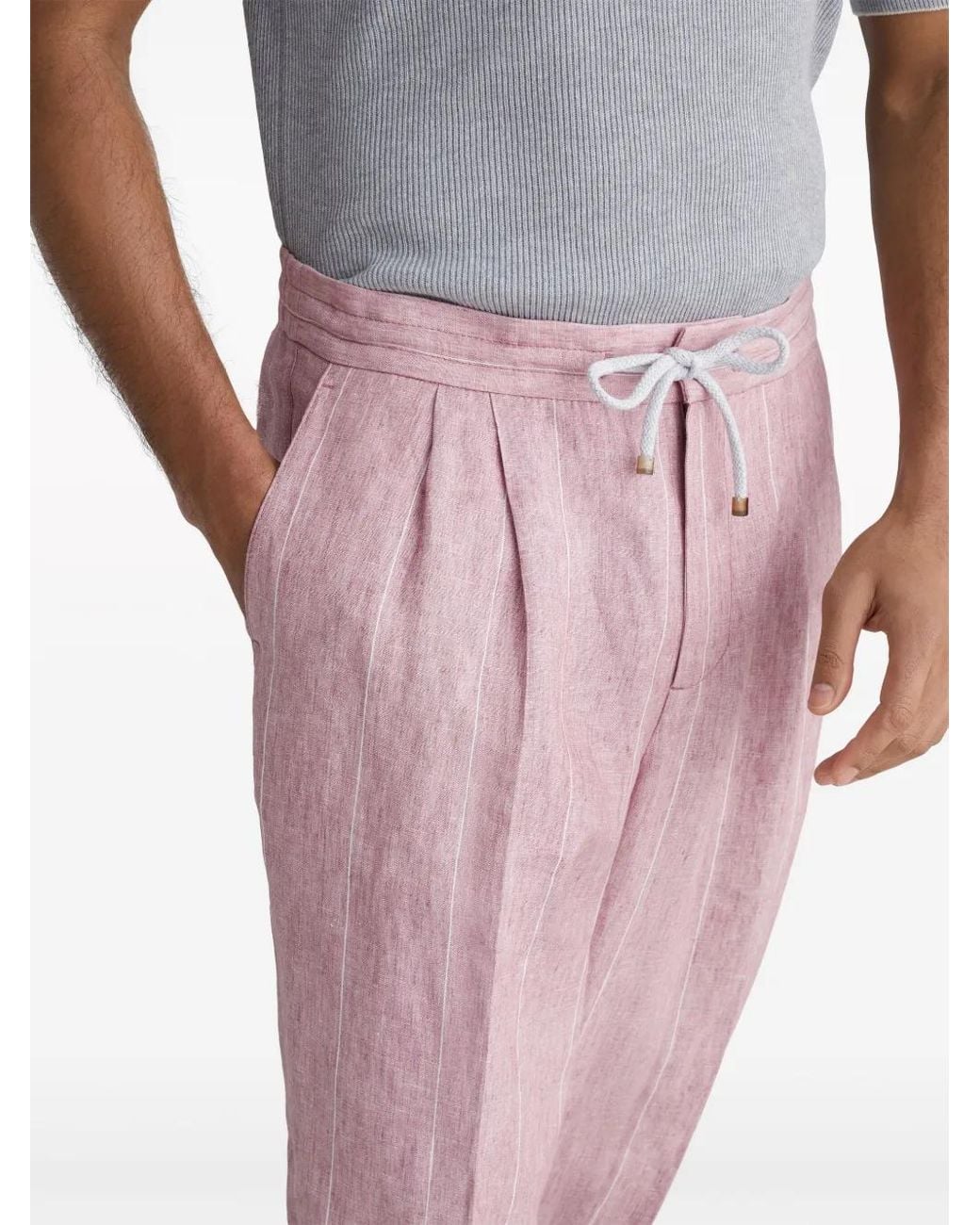 Brunello Cucinelli Pink Striped Linen Trousers for men
