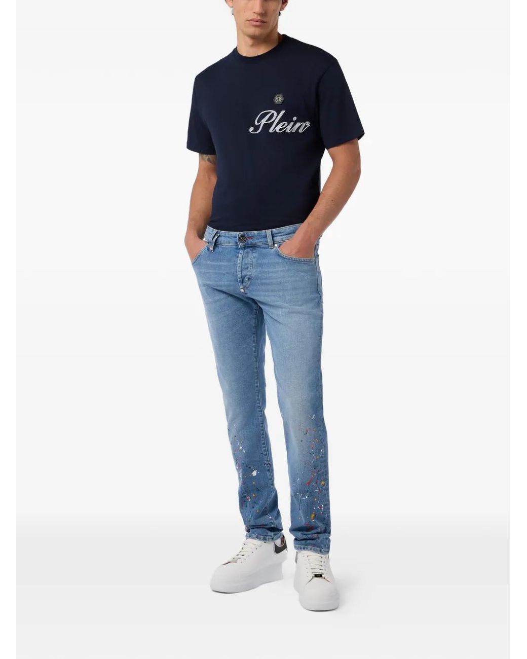 Philipp Plein Blue Paint-Splatter-Detail Straight Jeans for men