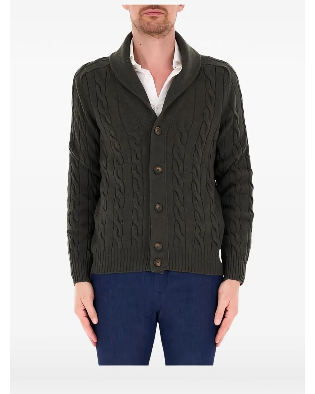 Gran Sasso Black Cable-Knit Shawl-Collar Cardigan for men