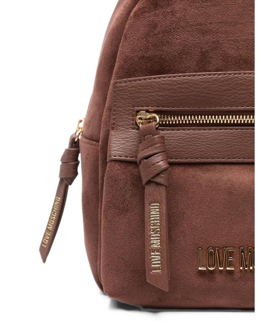 Love Moschino Brown Logo-Plaque Faux-Suede Backpack