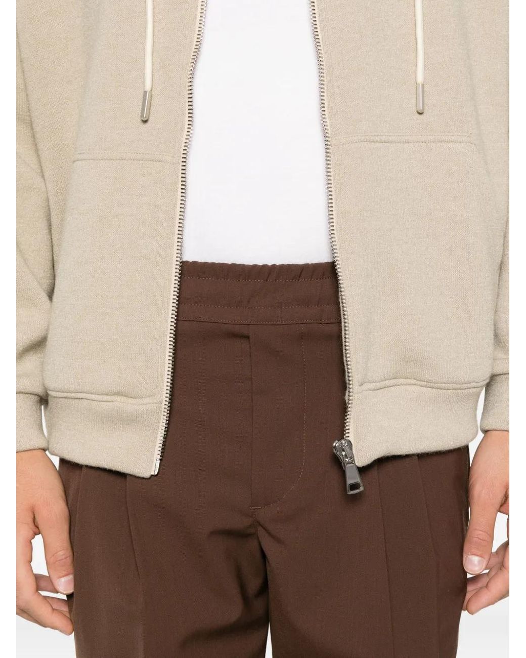 Yes London Brown Elasticated-Waist Pleated Trousers for men