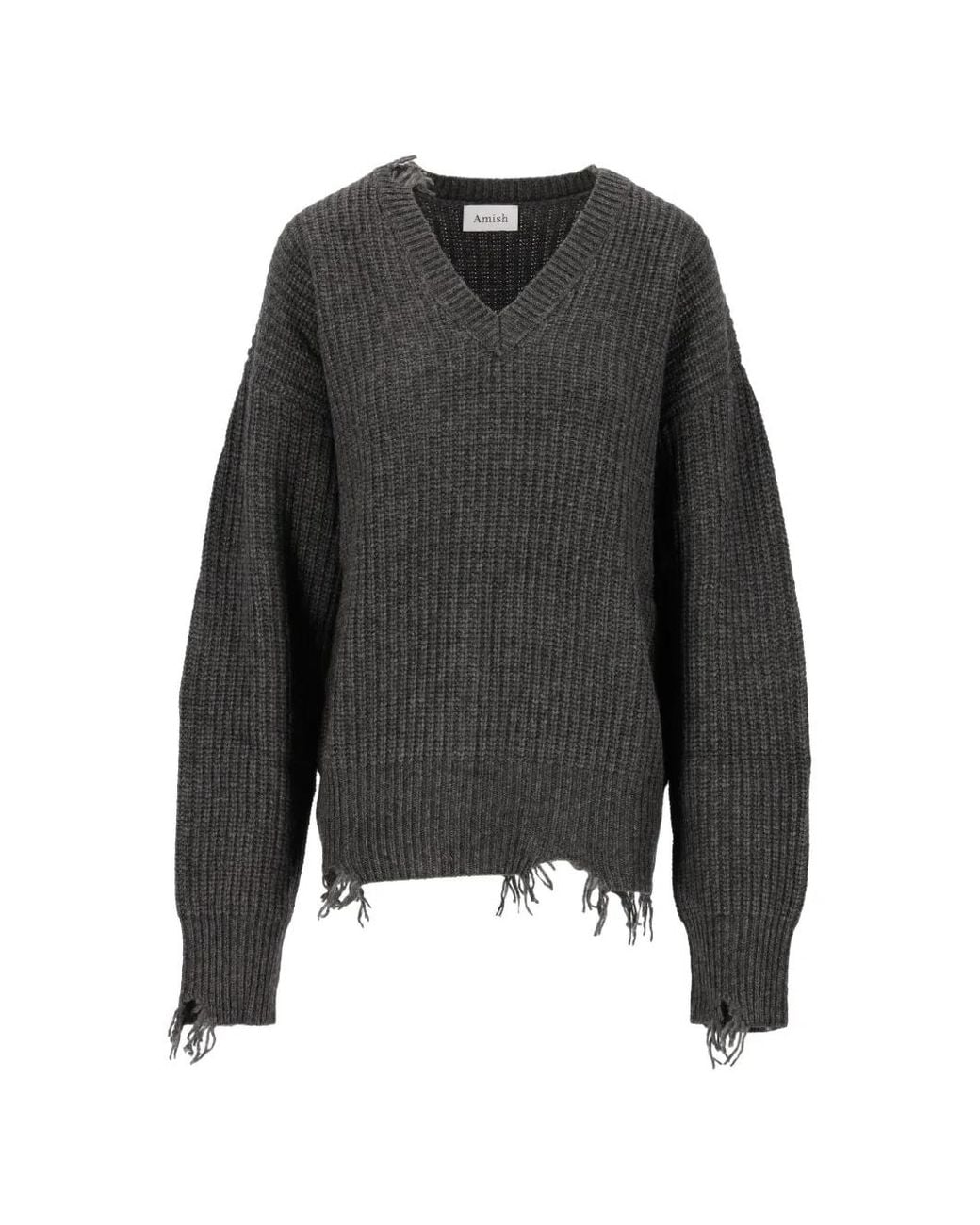 AMISH Black V-Neck Distressed Jumper