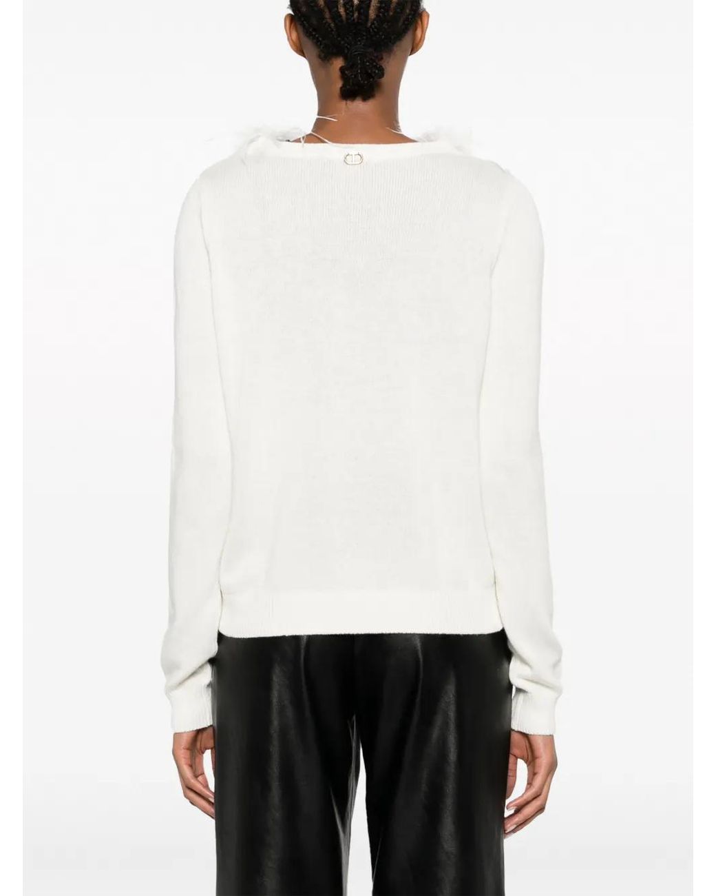 Twinset White Faux Fur-Trim Knitted Top