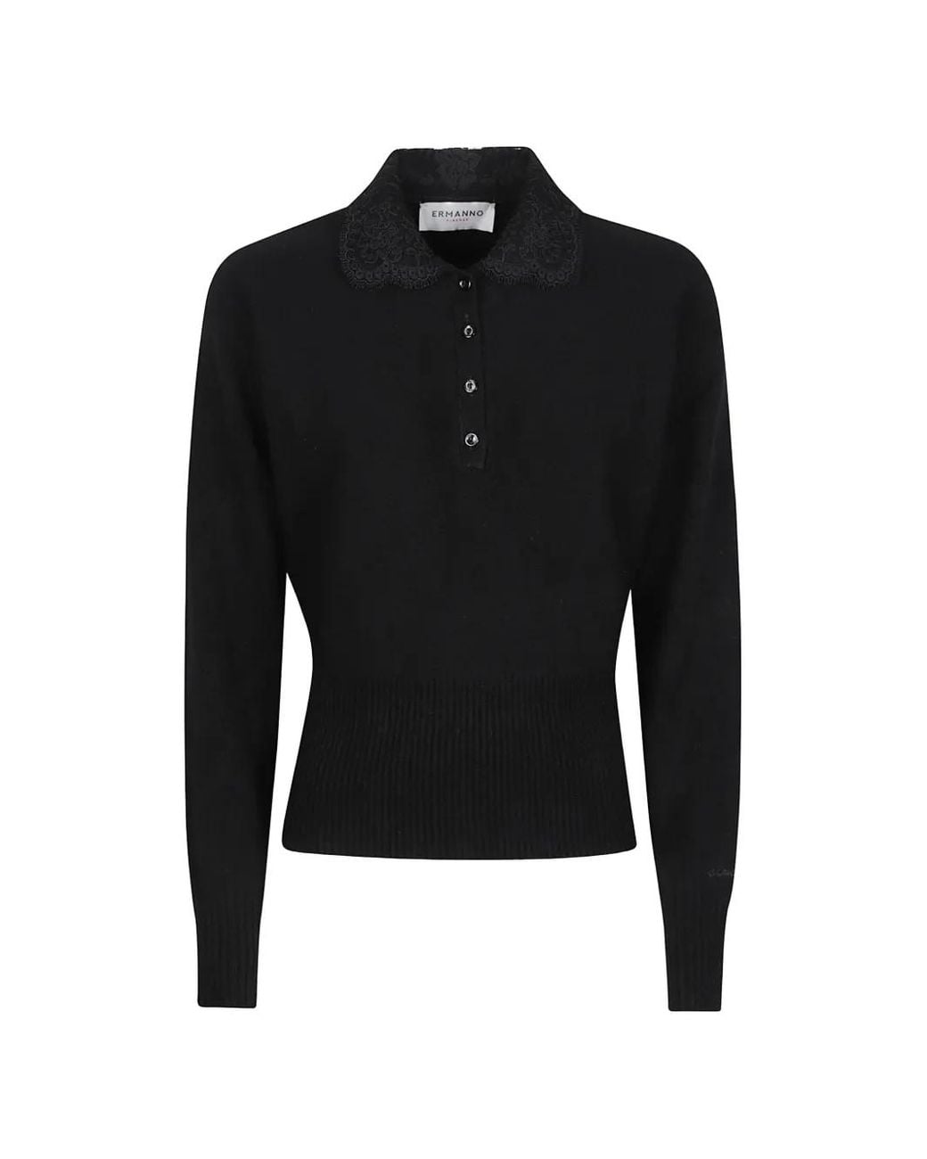 ERMANNO FIRENZE Black Lace-Collar Polo Top