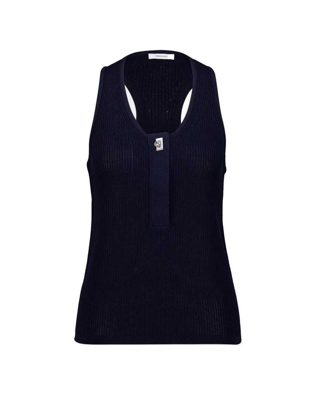 Ferragamo Blue Débardeur Côtelé À Plaque Gancini