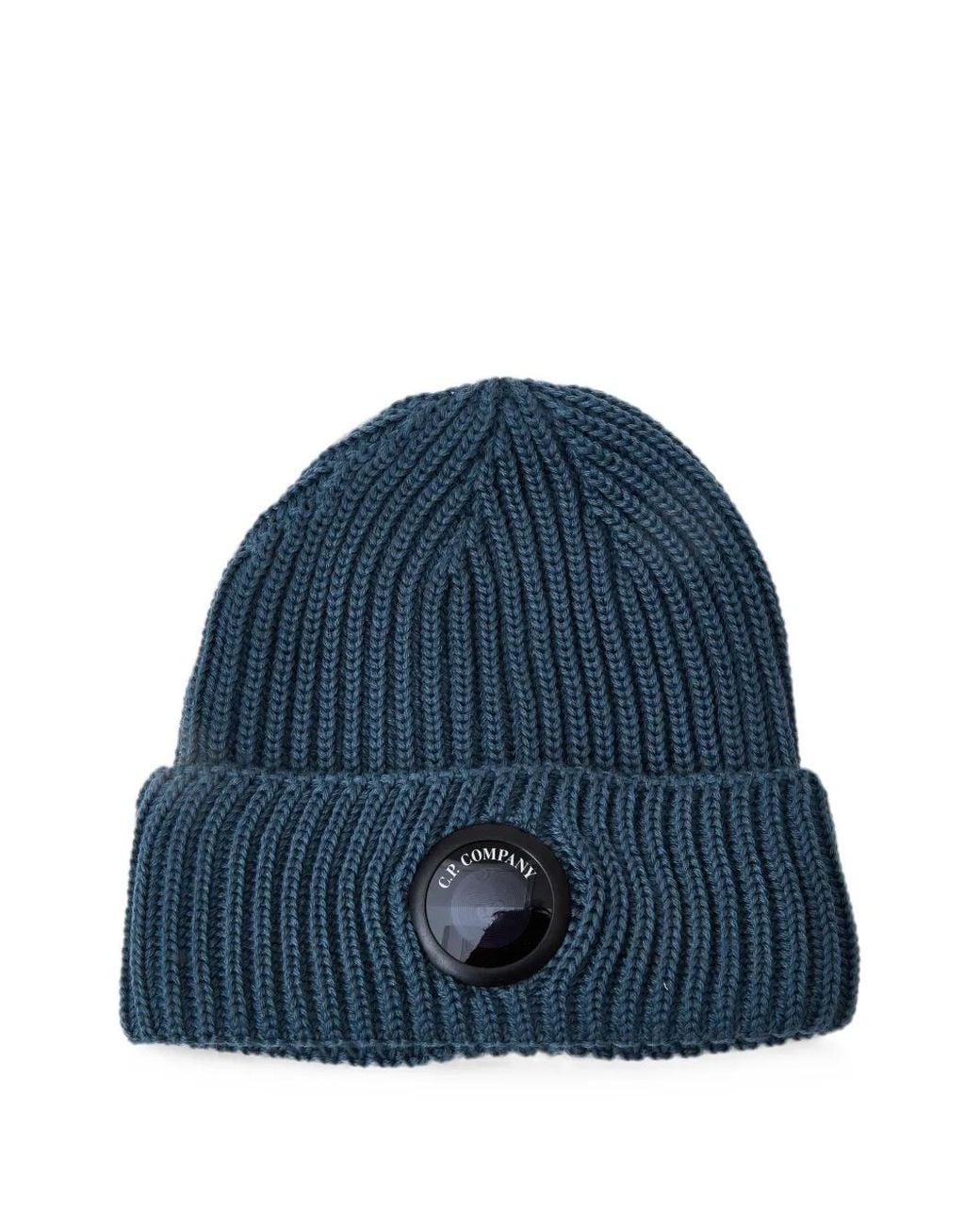 C P Company Blue Extrafine Merino Wool Lens Beanie Hat for men