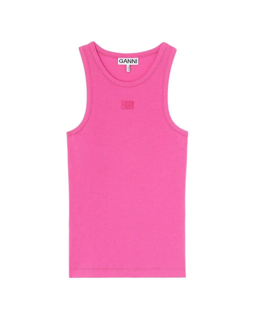Ganni Pink Logo-Patch Ribbed Tank Top
