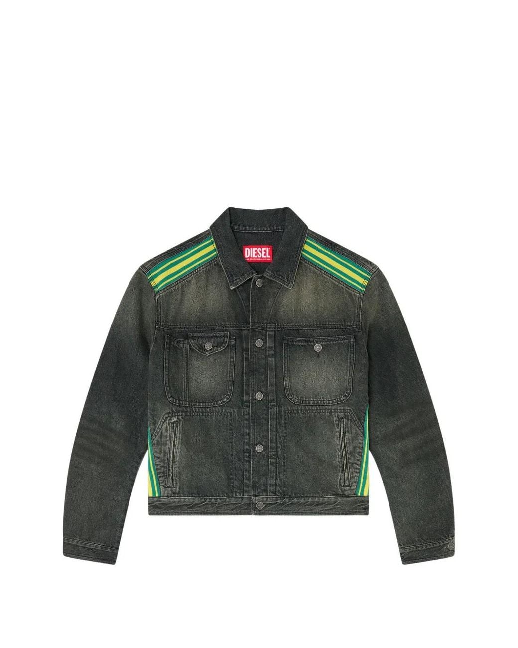 DIESEL Green Trucker Jacket With Striped-Shoulder Bands for men