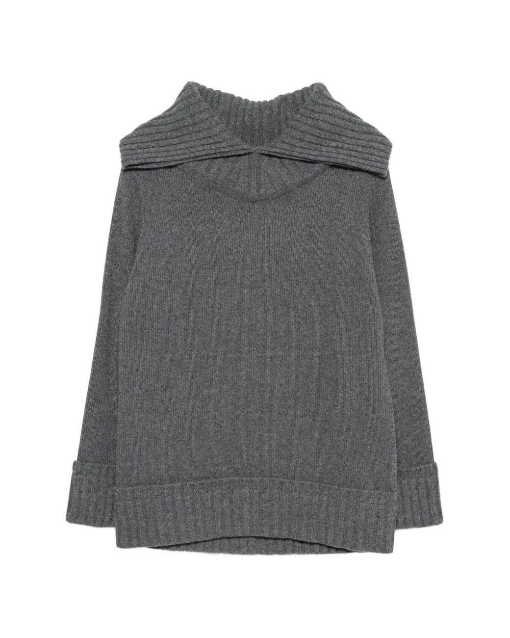 Victoria Beckham Gray Wide-Collar Ribbed Sweater