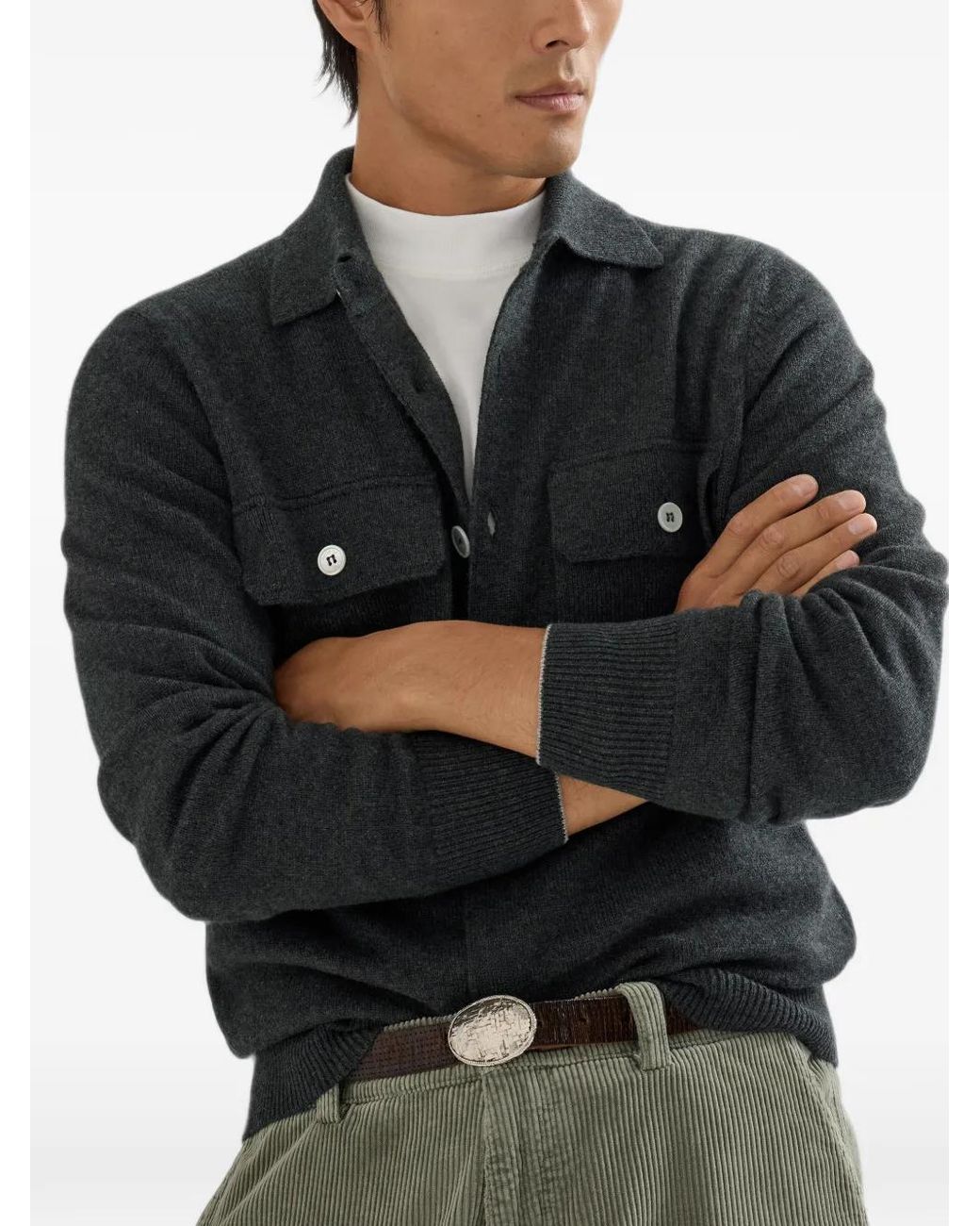 Brunello Cucinelli Black Cardigan Style Chemise À Poches Poitrine for men