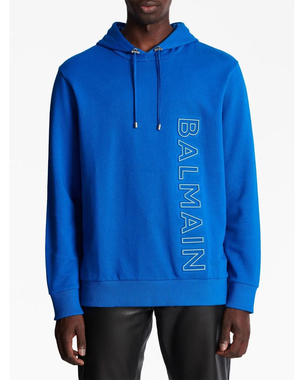 Balmain Blue Embossed-Logo Drawstring Hoodie for men