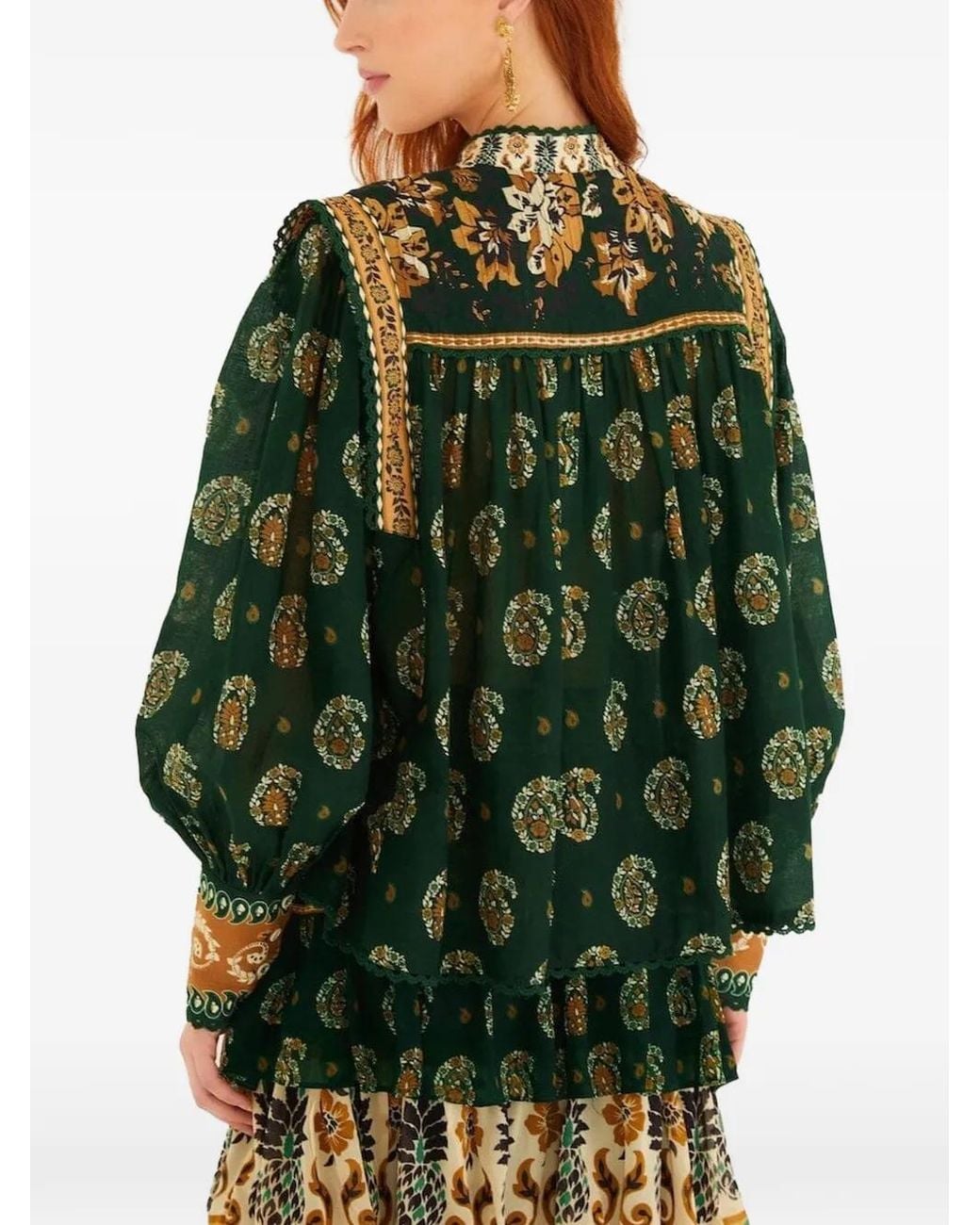 Farm Rio Green Tayla Lace Buttoned Puff Sleeve Blouse