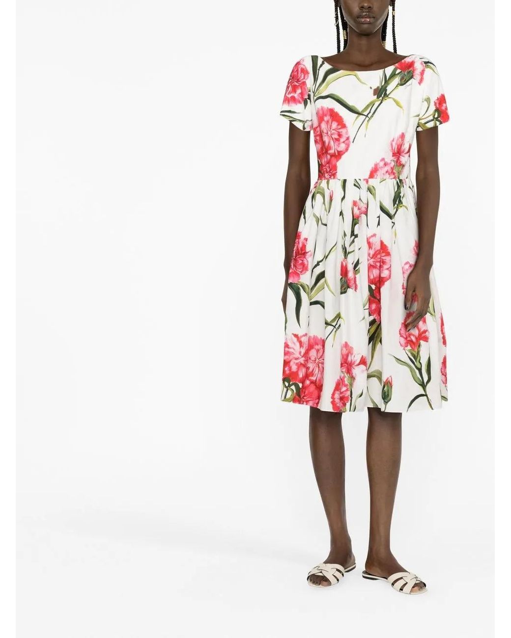 Dolce & Gabbana Red Longuette Dress With Carnation Print