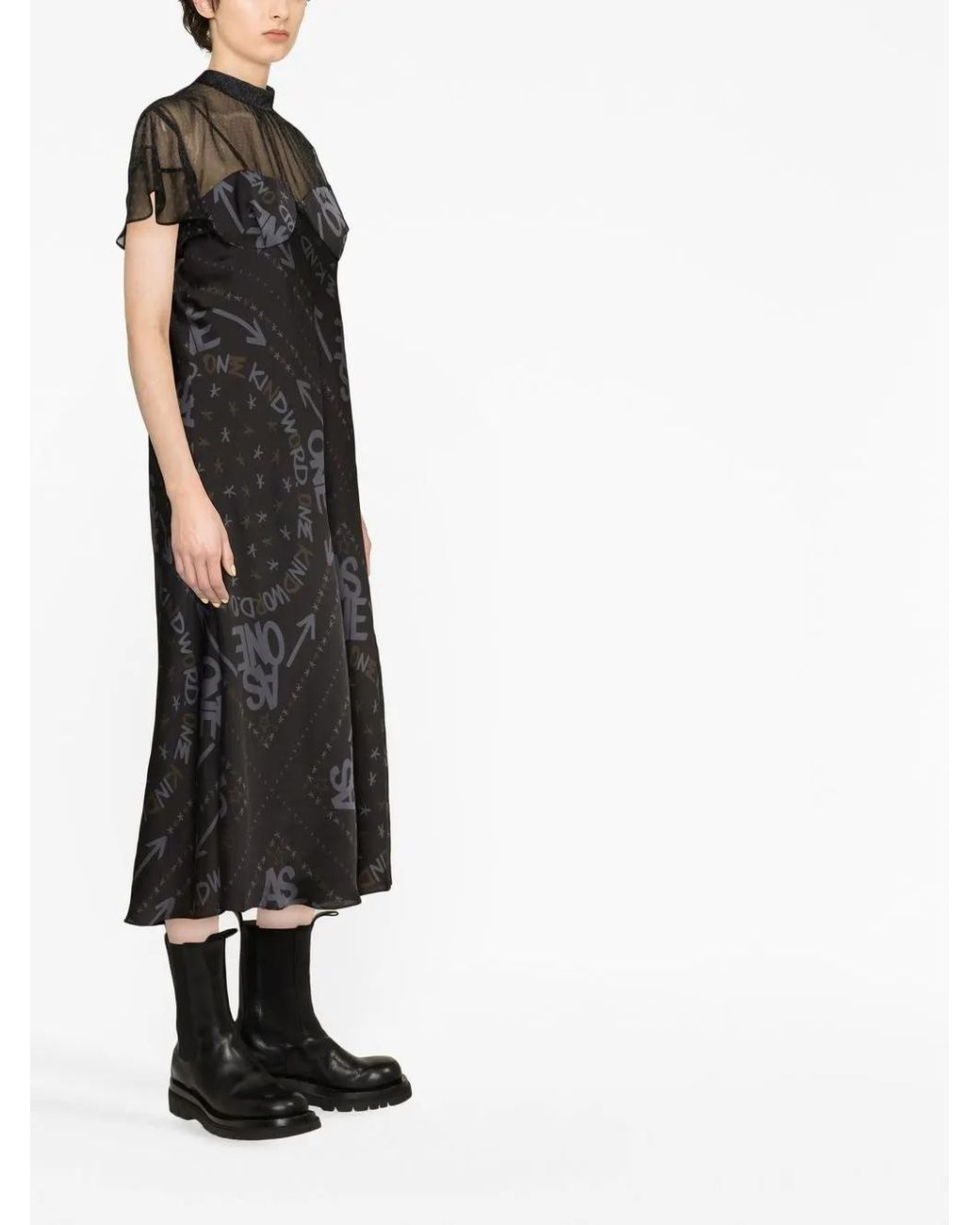Sacai Black Logo Print Semi-Sheer Dress