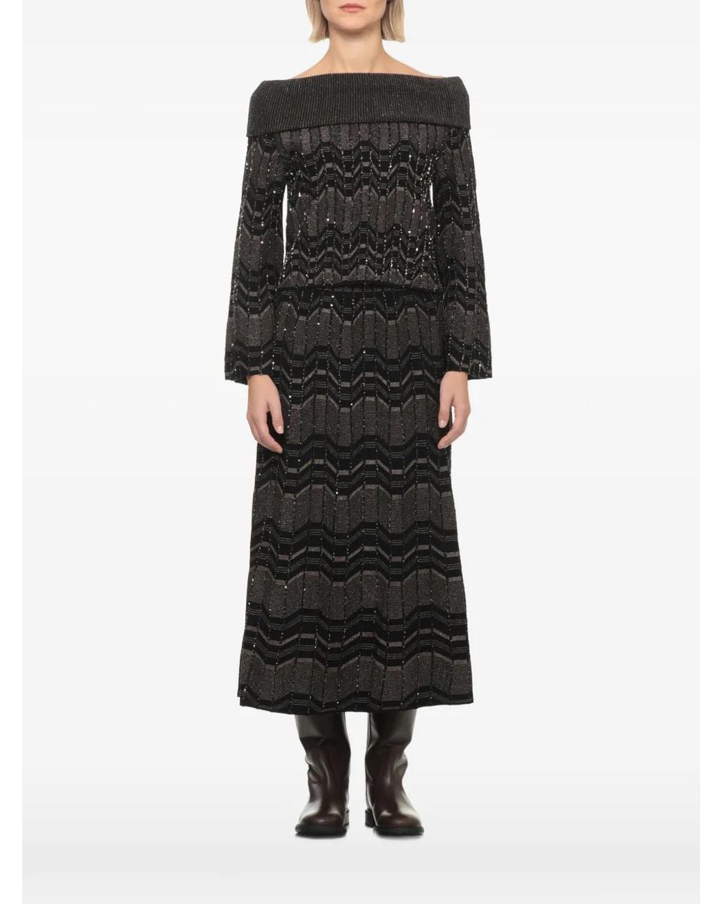 D.exterior Black Sequin-Embellished Chevron-Knit Sweater