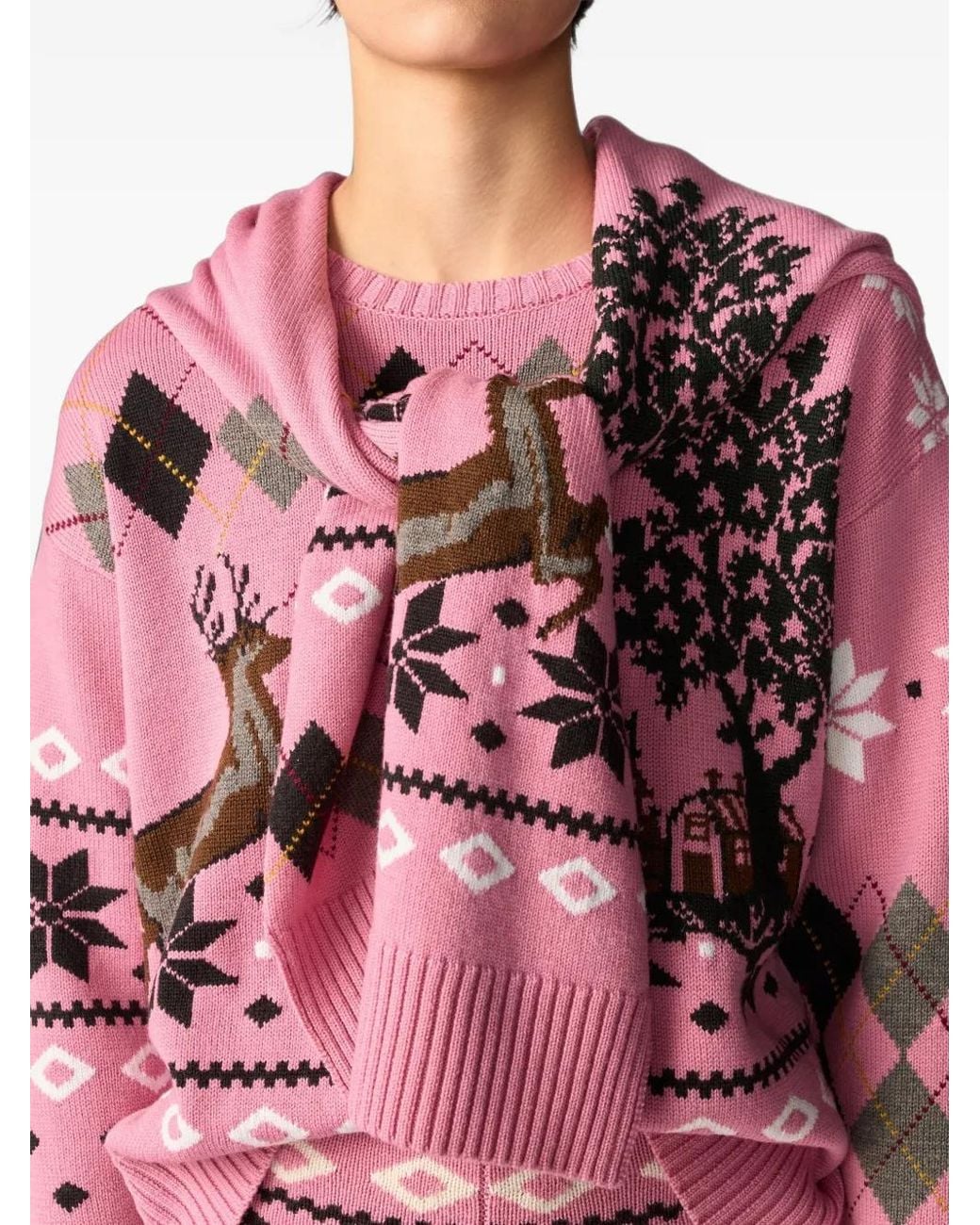 Monse Pink Fair Isle Scarf-Detail Sweater